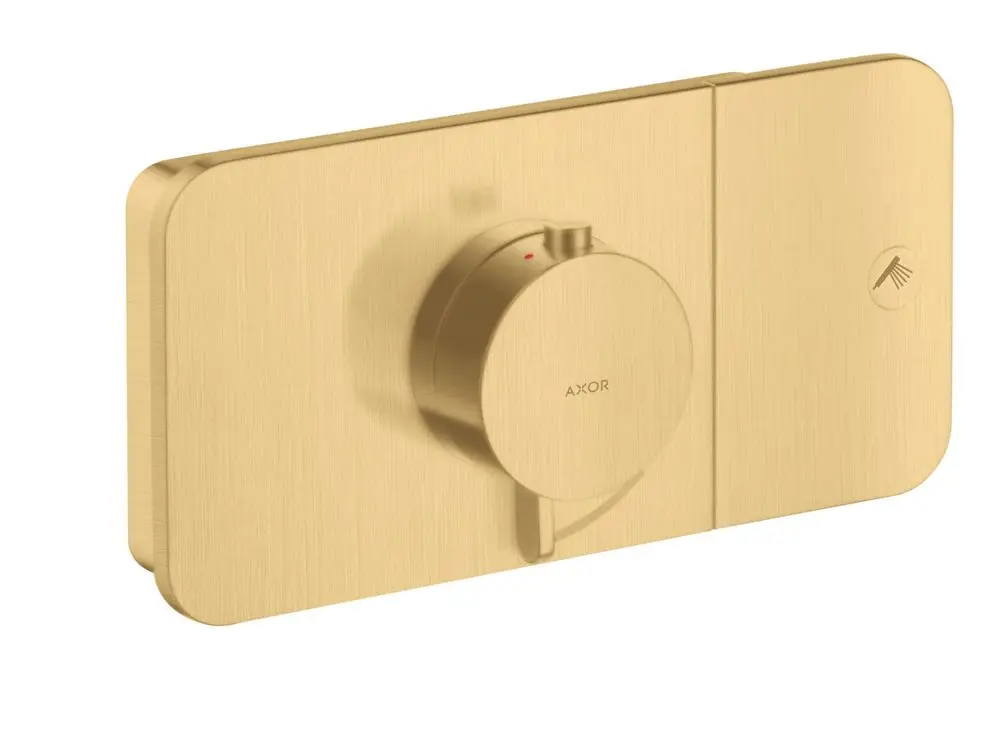 Thermostatmodul in gebürsteter Goldoptik von AXOR mit Drehknopf zur Regulierung eines Verbrauchers, montiert in einem flachen Gehäuse.
